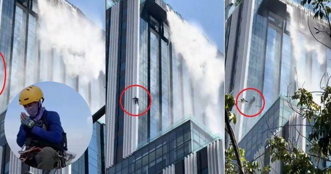 Imagen de la noticia: Sismo sacude rascacielos en Asia: un trabajador salva a su compañero de una caída mortal