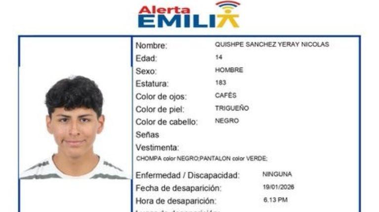 Alerta Emilia por la desaparición de un adolescente de 14 años, en Quito