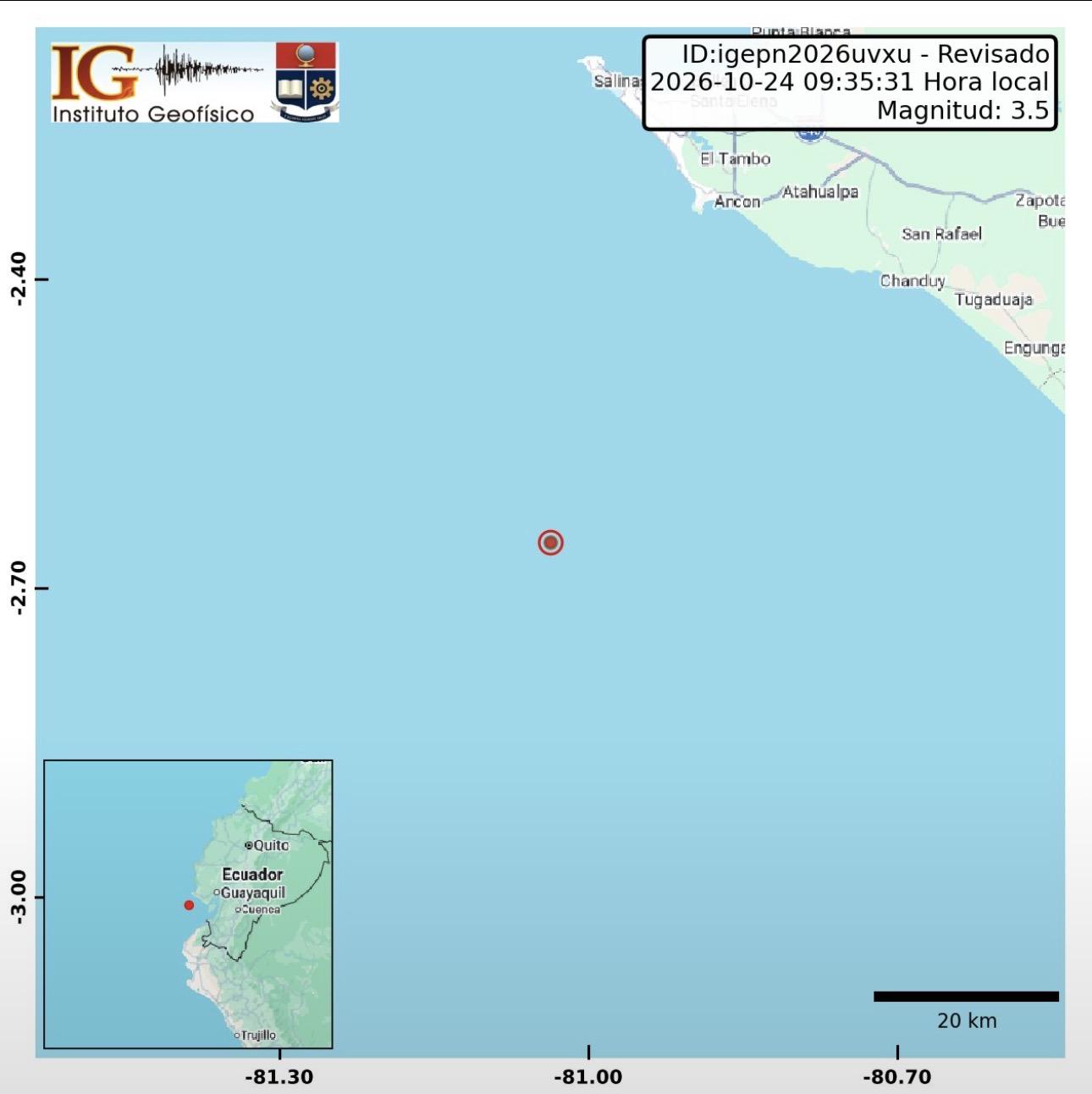 Temblor de magnitud 3,5 se registra en Ecuador este sábado 24 de octubre